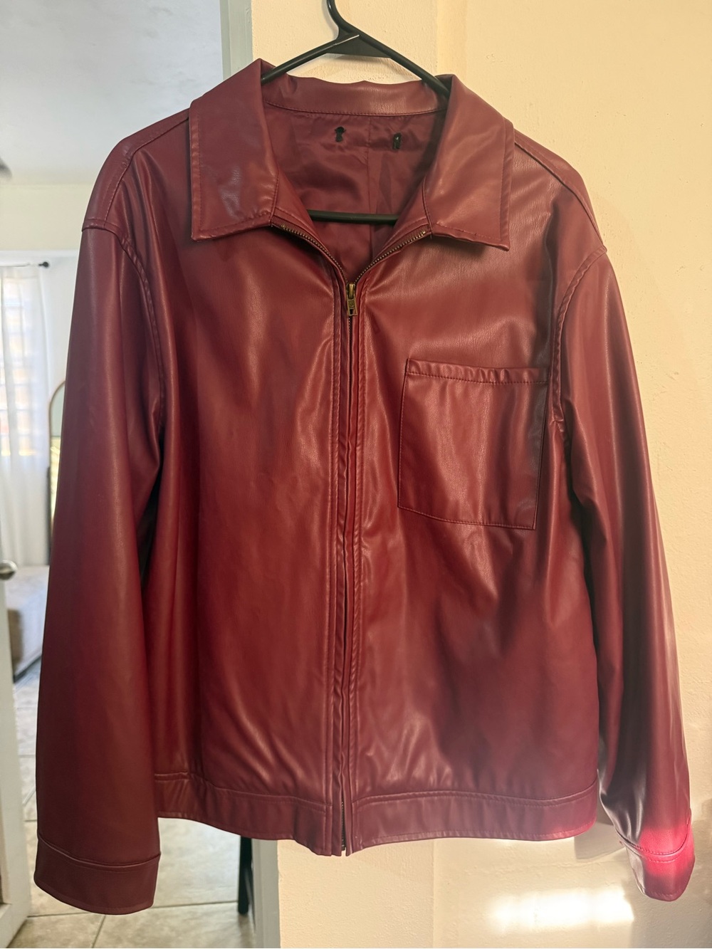Women’s Red Faux Leather Zip-Front Jacket in Large perfect for Fall and Winter